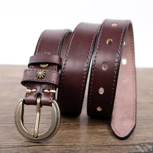 Vintage genuine leather belt for women, retro cowhide waist strap for coat dress.