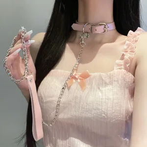 Pink leather choker collar with metal chain leash and bone charm for women
