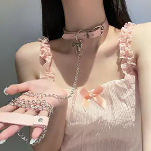 Pink PU leather collar choker with metal chain and cute bone pendant for women girls