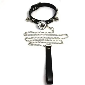 Black leather choker collar set with bells and metal chain leash for unique fashion style.