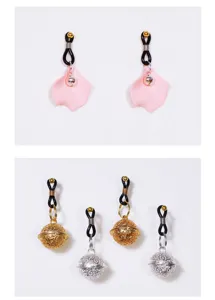 Adjustable nipple clamps with cute bells and pink petals, comfortable adult novelty jewelry.