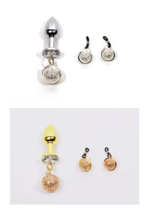 Metal butt plug and nipple clamp set with filigree bell pendants, adult novelty toys.