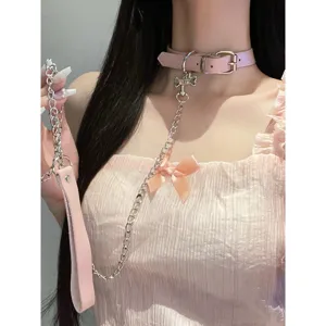 Pink PU leather choker necklace with metal chain leash, cute puppy bone design collar for women