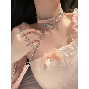 Pink PU leather dog bone choker necklace with metal chain leash sweet cute accessory