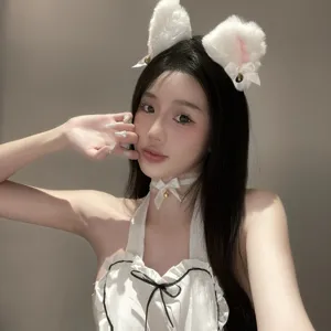 Cat ear headband and lace choker detail, cute white fuzzy hair hoop with bell for cosplay.