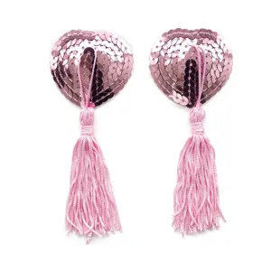 Pink sequin heart tassel pasties sexy nipple covers for party clubwear erotic accessories.