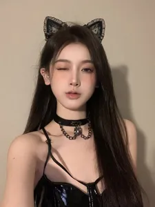 Black cat ear headband, metal chain choker necklace, and sexy strap top outfit set.