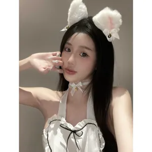 Cute Cat Ear Headband And Lace Bell Collar Set Plush Animal Ears Hair Hoops Party Cosplay Hair Accessories For Women