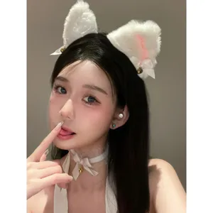 Fluffy white cat ear headband and cute choker set, perfect for cosplay, parties, and daily wear.