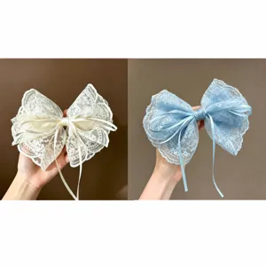 Pinza de pelo con lazo de encaje y cintas, accesorio de pelo estilo hada blanco crema azul.