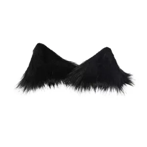 Close-up of black plush cat ears hair clip detail, soft furry texture for cute cosplay styles.