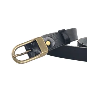Classic black genuine leather belt for women featuring an antique bronze pin buckle, vintage style.