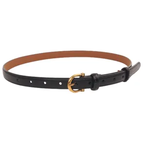 Elegant black leather belt for women with gold-tone metal buckle, casual fashion daily wear.
