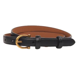 Classic women black leather belt with golden horseshoe buckle stylish jeans accessory