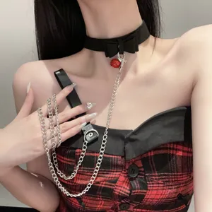 Punk gothic black choker necklace with cute bow, red bell and metal chain for women style.