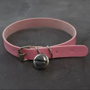 Pink PU leather choker necklace with bell and metal buckle, punk Harajuku style fashion jewelry for women.