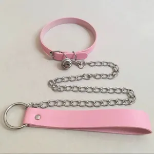 Pink PU leather choker collar with metal chain and leash set, punk harajuku style accessory.