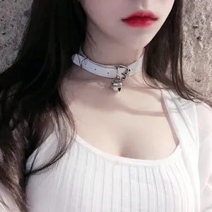 Detailed close-up view of a white PU leather choker necklace featuring a cute metal bell.