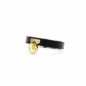 Black leather choker necklace with gold metal ring punk gothic style fashion jewelry for women