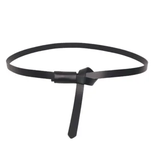 Elegant slim black leather belt for women, perfect for dresses and shirts decoration.
