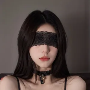 Black lace blindfold eye mask and matching bell choker set for women mysterious style