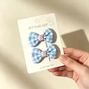 Cute blue plaid bow pet hair clips for dogs, handmade puppy hair accessories for daily wear.