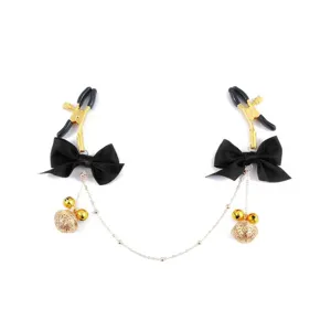 Adult metal nipple clamps with black bows and golden bells, alternative teaser toy for women.