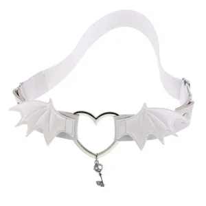 White gothic punk leg garter with heart ring, bat wings and skull key pendant for y2k lolita.