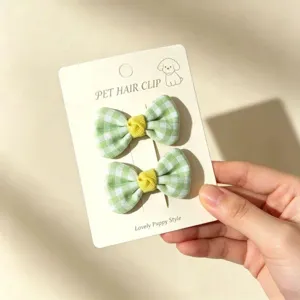 Handmade green checkered pet hair clips for dogs cute bows hair accessories hairpins set
