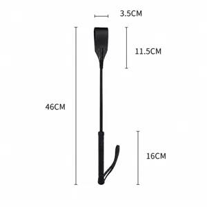Black leather riding crop whip paddle with precise size and weight specifications.