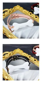 Bâillon os de chien en silicone collier cuir adulte quincaillerie métal et bouchon blanc.