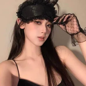 Detailed view of the black lace sleep eye mask and matching gloves, soft fabric and sexy style.