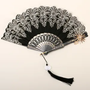 Retro court style lace folding fan, gorgeous European rose hand fan for tea party cosplay props.