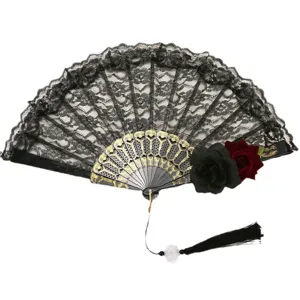 Gothic black lace folding fan with gold carved ribs, dual roses and tassel for party cosplay.
