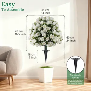 Detailed dimensions of 24 inch artificial rose topiary tree with sturdy ground spike