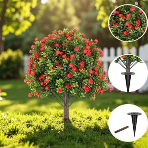 Detail view of artificial outdoor rose tree with plastic ground stake for garden decor