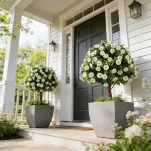 Artificial white daisy topiary trees in gray square planters placed at house entrance