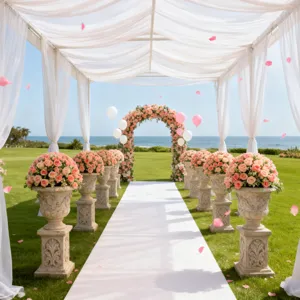Romantic outdoor wedding garden setup with simulation rose bouquets and floral archway