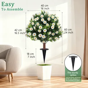Dimension details of artificial daisy topiary tree with sturdy ground spike for garden.