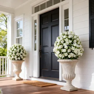 Two white faux rose topiary trees in classic stone planters decorating a front porch.