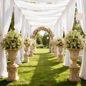 Elegant outdoor wedding aisle decor with artificial flower planters and white drapes.