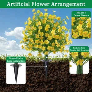 Detailed view of vibrant yellow artificial flowers with durable garden ground spike for outdoor use