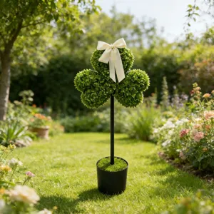 Vue détaillée d'un topiaire de trèfle artificiel avec nœud blanc dans un jardin.