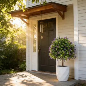 Outdoor artificial lavender topiary plant in a white geometric flower pot near entrance
