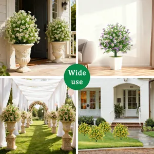 Visual display of colorful artificial plants in multiple indoor and outdoor settings