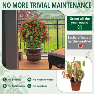 Comparison showing artificial topiary tree benefits versus real plant maintenance