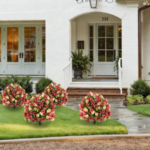 Vibrant artificial red and peach rose flower ball stakes for outdoor garden decoration