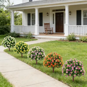 Set of five colorful artificial flower topiary trees with stakes for garden lawn decoration