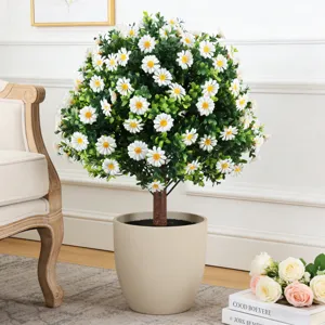 Artificial white daisy ball tree in a beige pot for indoor and outdoor garden decor.