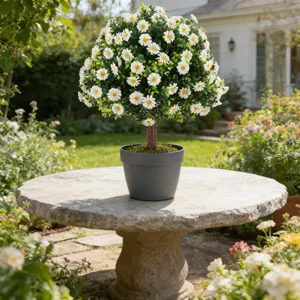 Lifelike artificial daisy topiary tree in grey pot for outdoor garden and lawn decoration